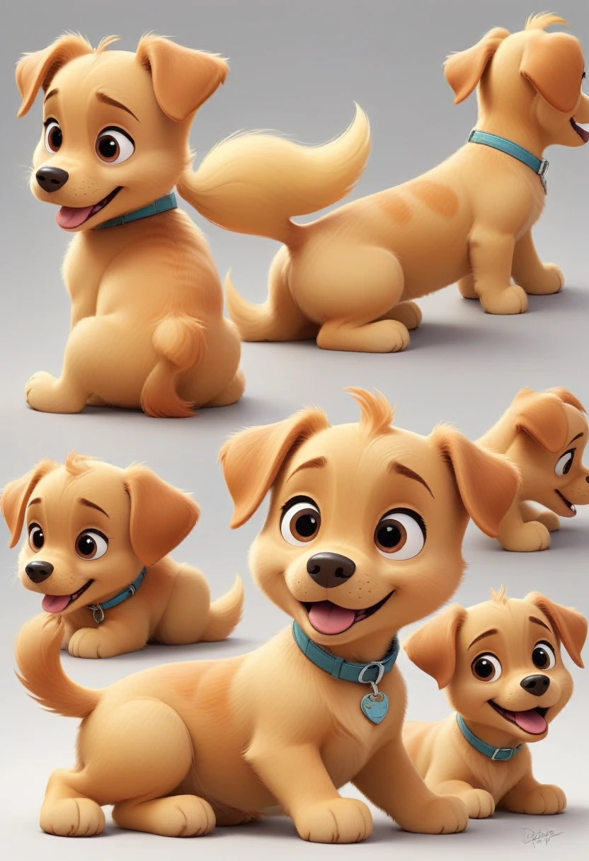 small puppy, puppy, multiple poses and expressions, white background, children's book illustration style, disney pixar style, 3D, simple, cute, short yellow fur all over, bright colors, tail curled up, Pixar masterpiece, drawing Nickelodeon cartoon, intricate details, sitting on the floor, sideways, in profile, looking up, expression of happiness, smiling