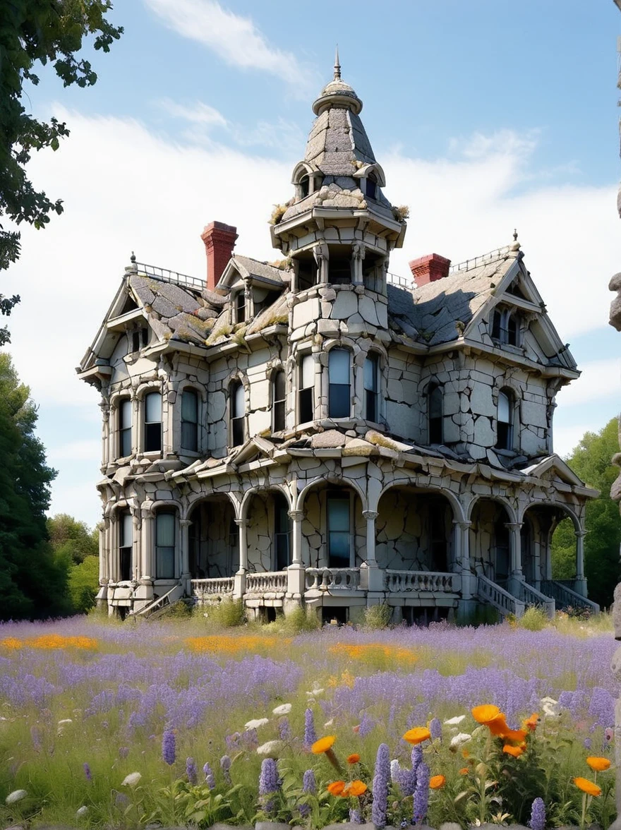 An abandoned Victorian mansion its crumbling walls made of crazed rubble and wildflowers blooming through the cracks of&#39;an old paved path. The setting sun casts a golden hue on the scene, emphasizing the strange beauty of decadence and the relentless power of nature reclaiming human creations, (head of&#39;artwork:1.2), best quality, (hyperdétaillé, the most detailed:1.2), high resolution textures Info
