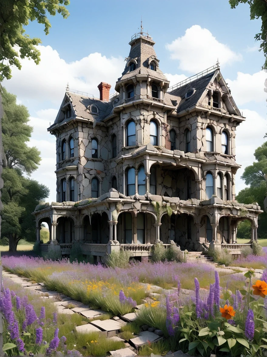 An abandoned Victorian mansion its crumbling walls made of crazed rubble and wildflowers blooming through the cracks of&#39;an old paved path. The setting sun casts a golden hue on the scene, emphasizing the strange beauty of decadence and the relentless power of nature reclaiming human creations, (head of&#39;artwork:1.2), best quality, (hyperdétaillé, the most detailed:1.2), high resolution textures Info
