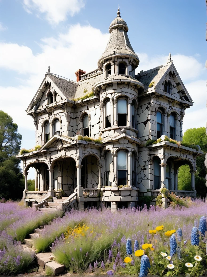 An abandoned Victorian mansion its crumbling walls made of crazed rubble and wildflowers blooming through the cracks of&#39;an old paved path. The setting sun casts a golden hue on the scene, emphasizing the strange beauty of decadence and the relentless power of nature reclaiming human creations, (head of&#39;artwork:1.2), best quality, (hyperdétaillé, the most detailed:1.2), high resolution textures Info
