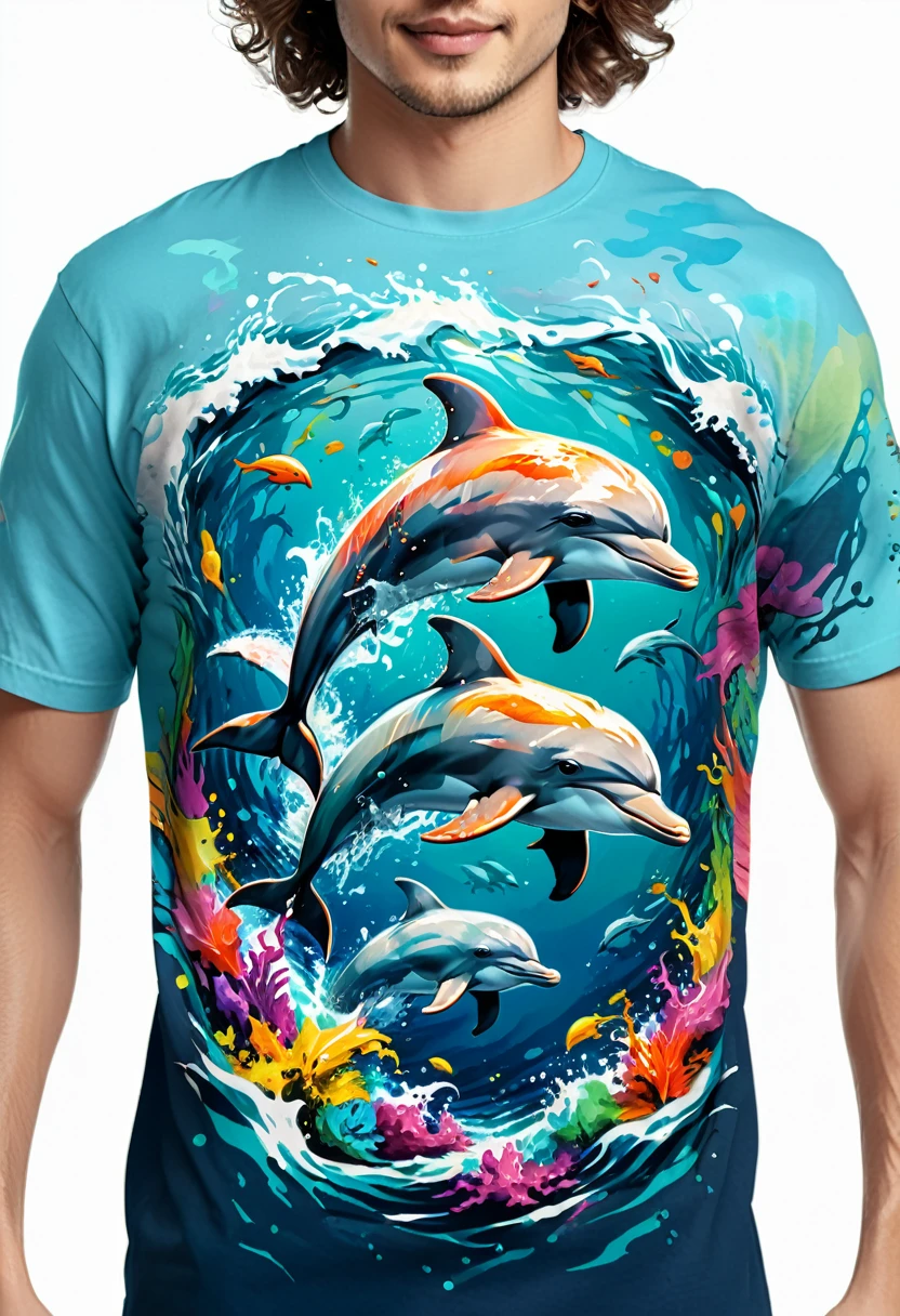 A t-shirt with a colorful illustration of dolphins in the middle of the sea, At the center, swirly vibrant colors, paint splashes and smears, ultra details, 32K Quality,Remove background
(work of art, best qualityer, proffesional, perfect composition, very aesthetic, absurdrez, super verbose, details Intricate:1.3)