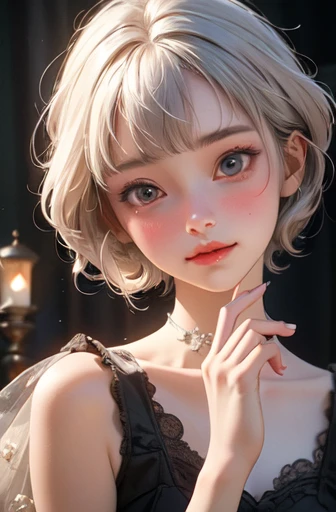 A photorealistic, highly detailed, UHD  (in 8K, Best Quality, masutepiece:1.2)、超A high resolution, photo of 1girl in, Solo, White hair, Short hair, Straight hair, Blunt bangs, grey  eyes, , pale skin, Looking at Viewer, Light blush, lightsmile, Head tilt,open mouse,Detailed fingers、Cyberpunk room, cyberpunk style