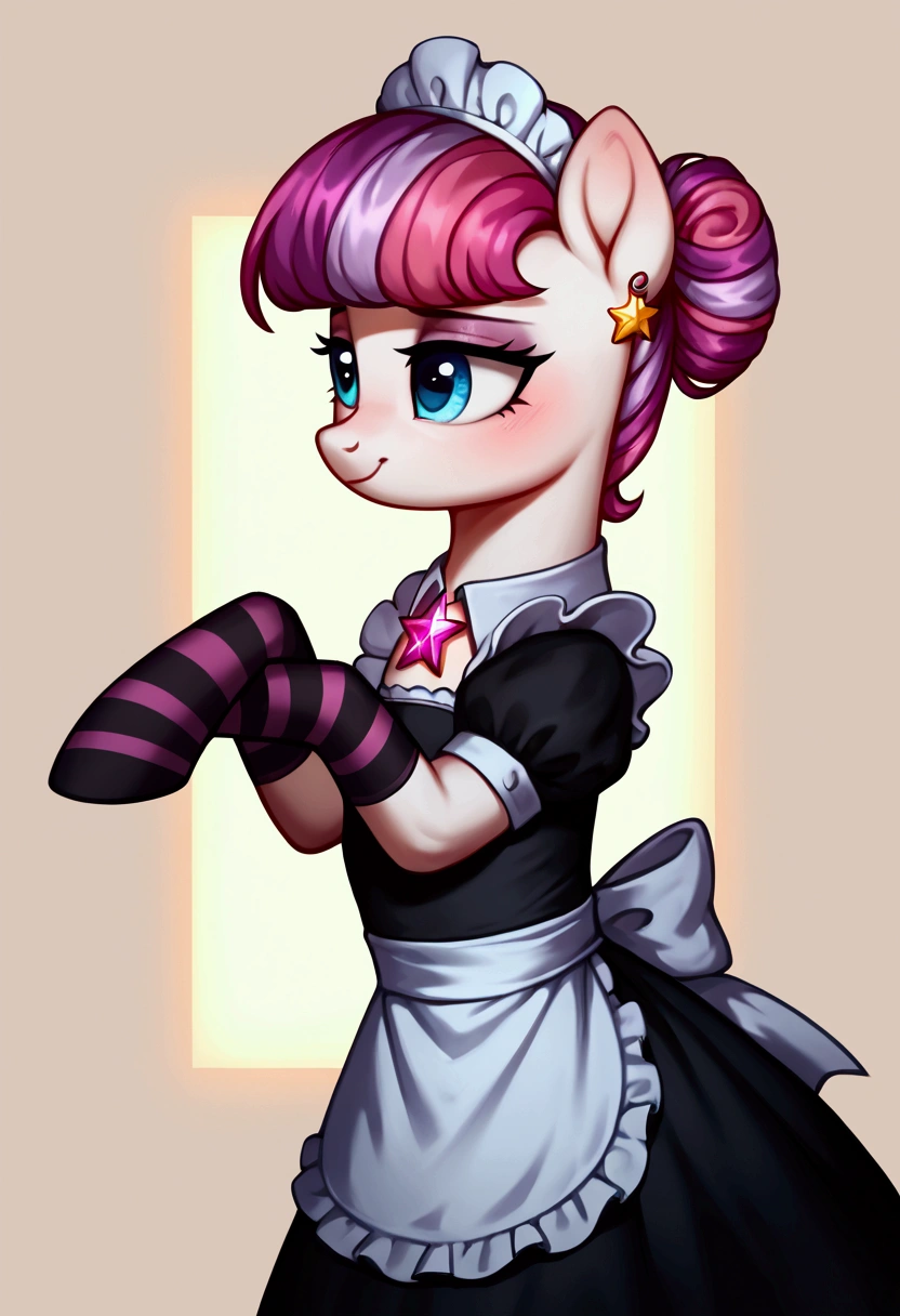 score_9,score_8_up,score_7_up,score_6_up, ((my little pony)), radiant lighting, vibrant colors, whimsical atmosphere, 8K, high resolution, highly detailed, masterpiece, (shy look), ((pony body)), white body, blue eyes, (maid costume), striped stockings, star pendant, earrings, eyeshadow, (brightness magenta hair colour), ((play pose))