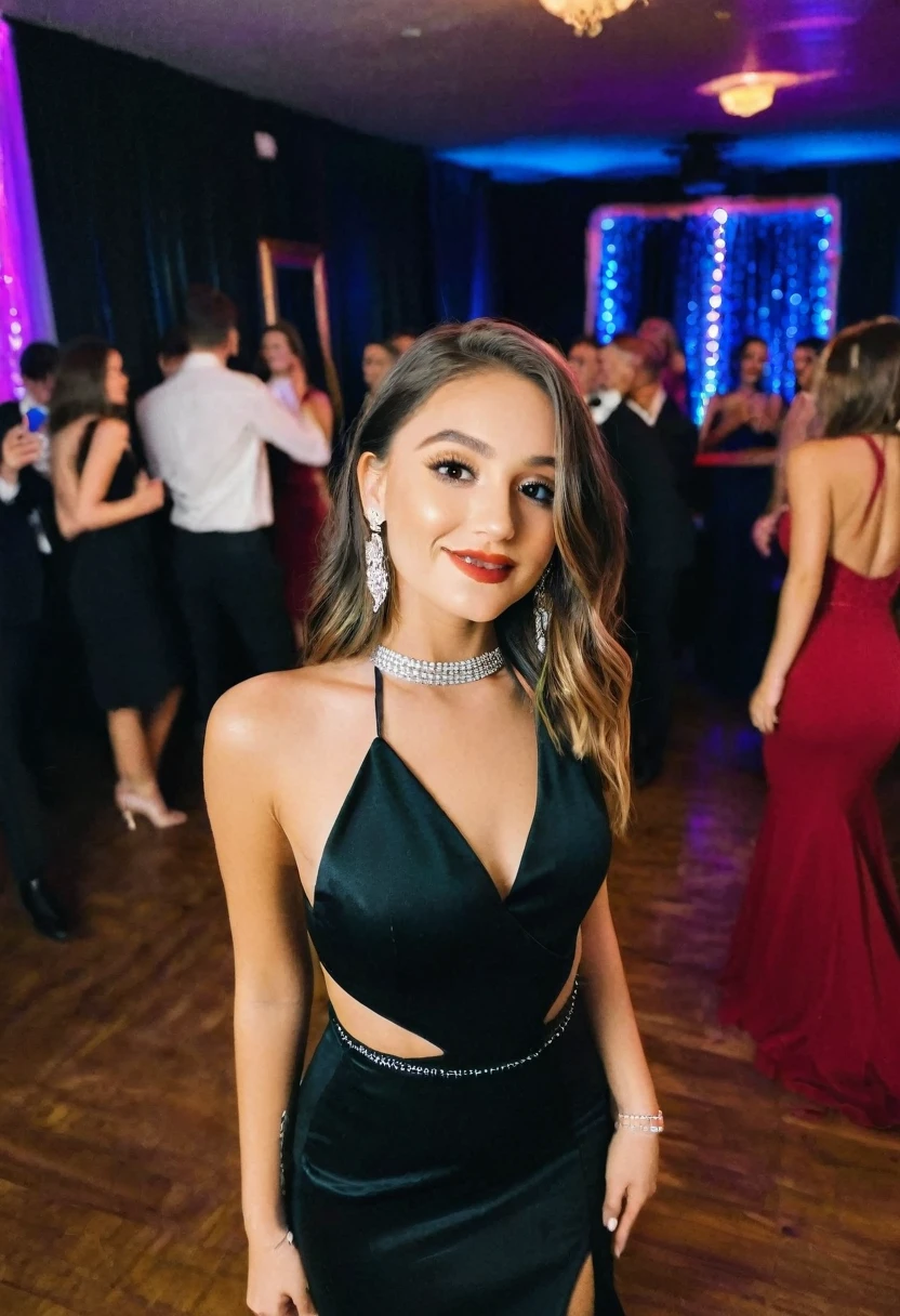 prom night party girl, selfie, dance floor, 2020, instagram, photo, halter neck  dressed, photo, dark
