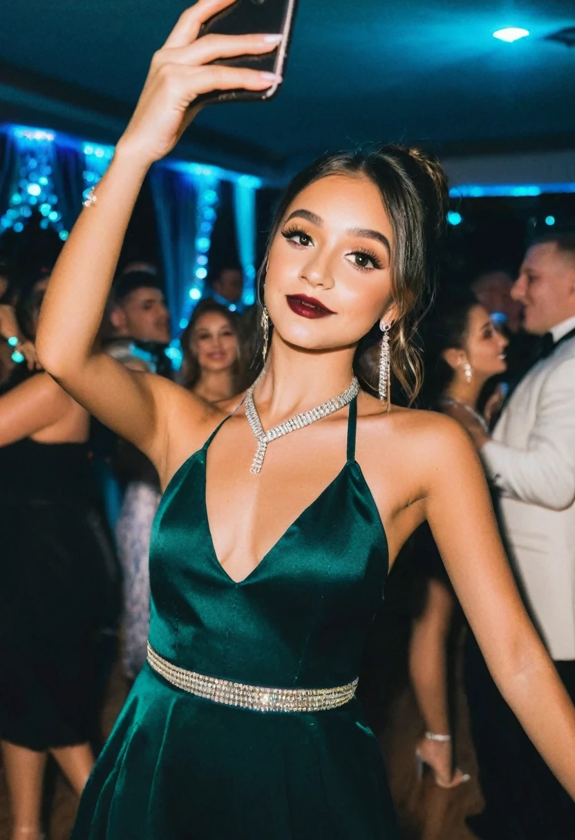 prom night party girl, selfie, dance floor, 2020, instagram, photo, halter neck  dressed, photo, dark
