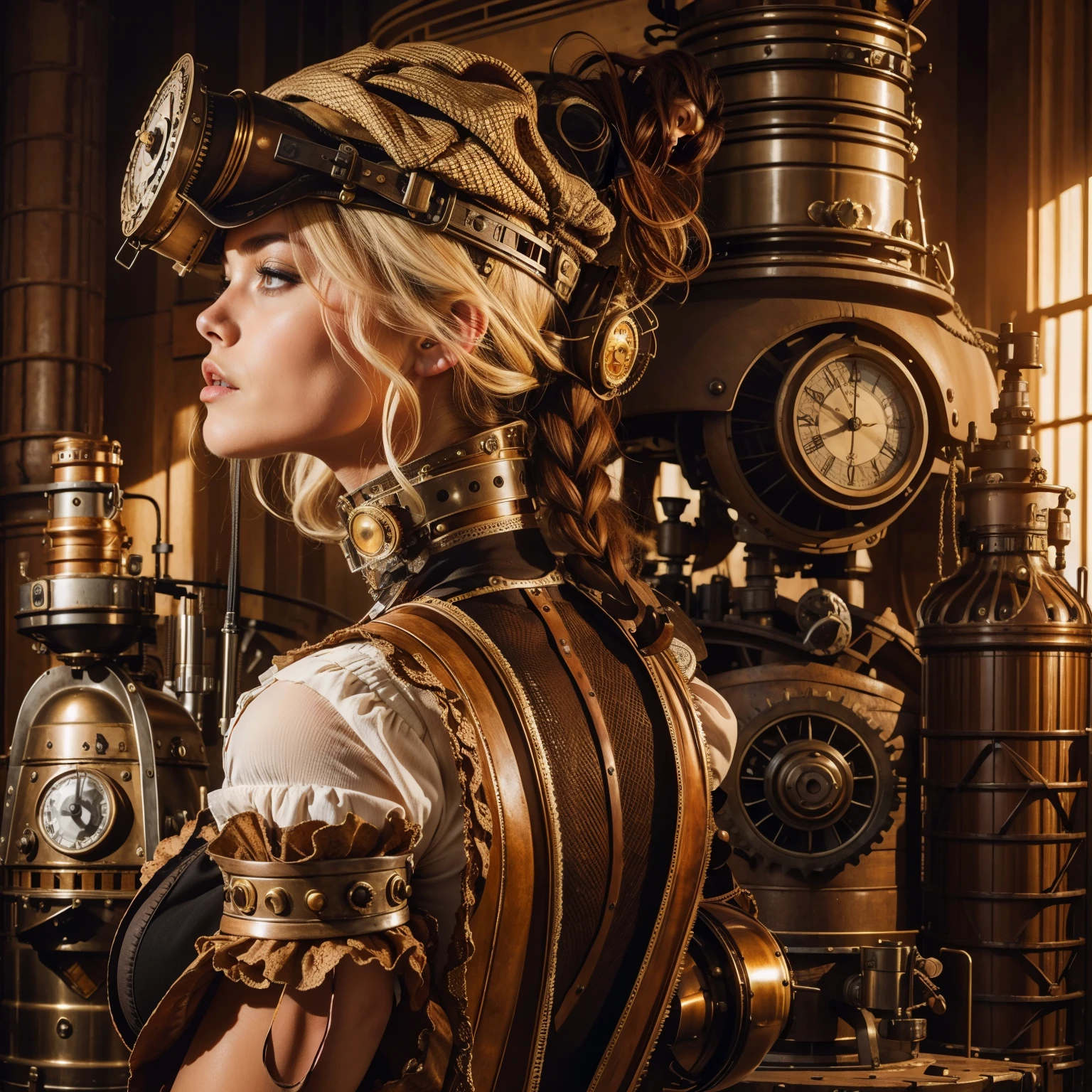 A beautiful steampunk woman with steampunk clothes in the foreground and a huge steampunk machinery mechanical in the background