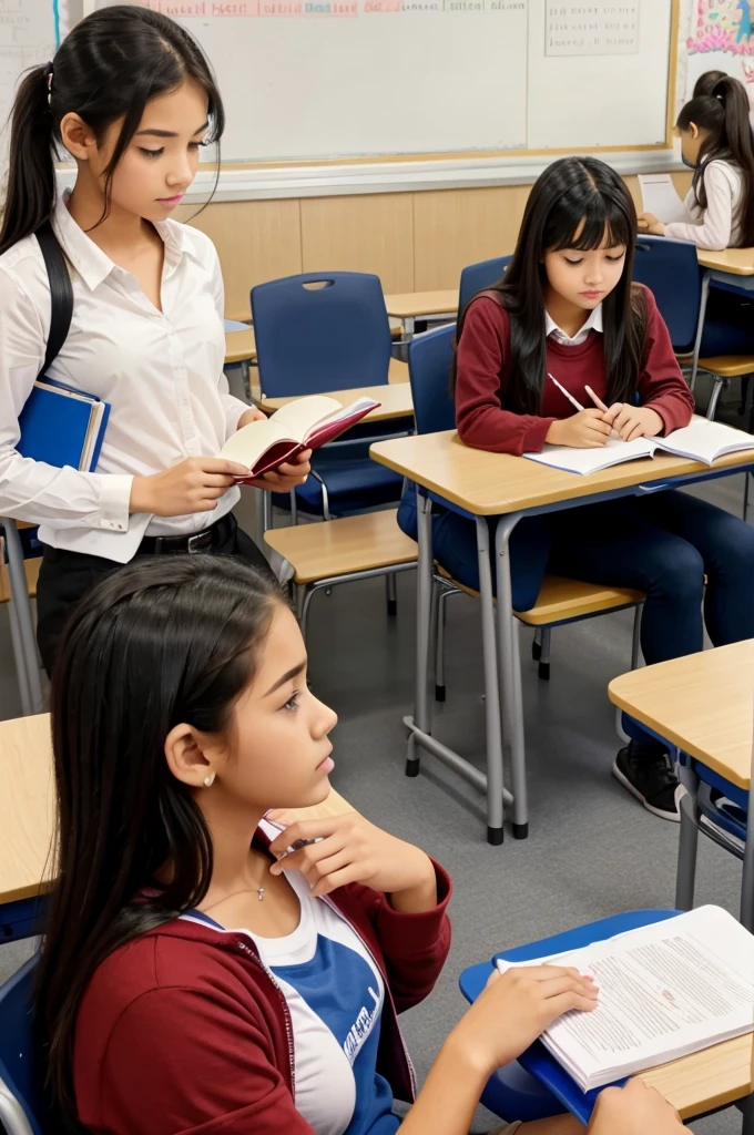 All girl student seating separately and boys also but one girl watching her boy friend secretly during teacher studying 