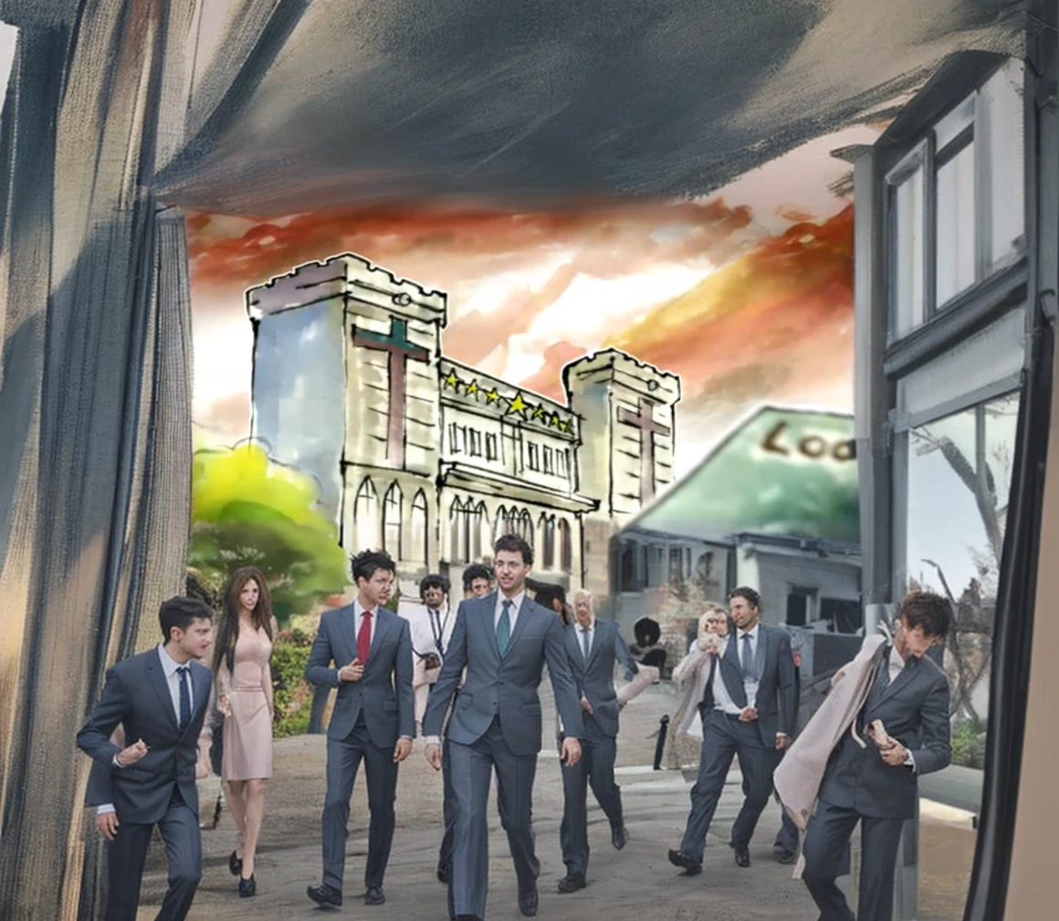 seven guys in suits walking, trees, bushes
