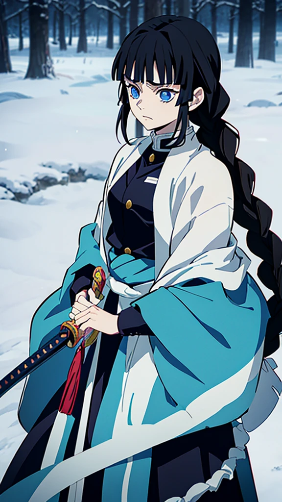 Kimetsu no Yaiba style, 1 mature, girl, blue eyes, a hashira, pretty, long dark brown hair in braids, curtain bangs, annoyed expression, noble, Pillar Demon Slayer, holding a sword, wearing demon slayer uniform, holding a blue demon slayer sword, dark and snowy background