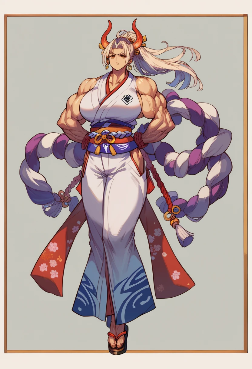 masterpiece, best quality), best resolution, yamato, earrings, hair stick, bare shoulders, japanese clothes, kimono, rope, sleeveless kimono, shimenawa, high ponytail, extreme muscular body, huge breasts, full body.