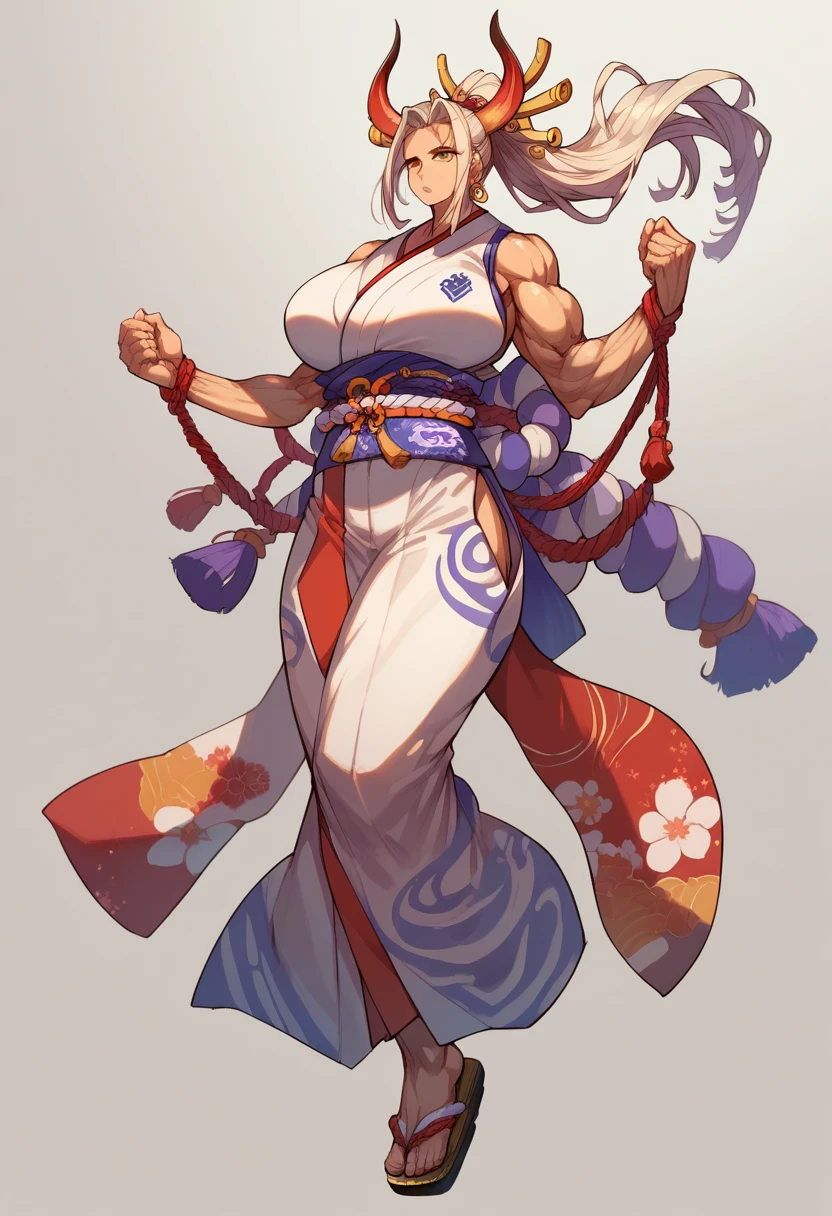 masterpiece, best quality), best resolution, yamato, earrings, hair stick, bare shoulders, japanese clothes, kimono, rope, sleeveless kimono, shimenawa, high ponytail, extreme muscular body, huge breasts, full body.