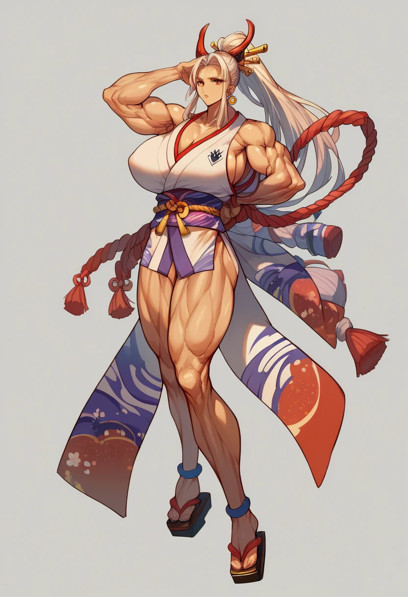 masterpiece, best quality), best resolution, yamato, earrings, hair stick, bare shoulders, japanese clothes, kimono, rope, sleeveless kimono, shimenawa, high ponytail, extreme muscular body, huge breasts, full body.