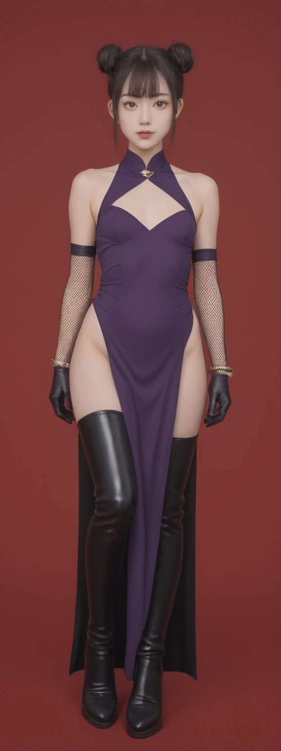 realistic,score_9, score_8_up, score_7_up, red background,1girl,solo,looking at viewer,standing,cowboy shot,small breasts,purple dress,cleavage cutout,jewelry,pelvic curtain,animal ears,double bun,elbow gloves,fishnet gloves,bracelet,thigh boots,