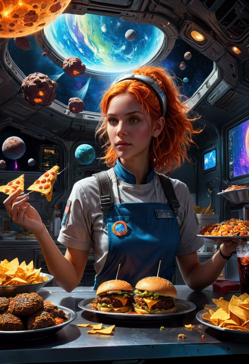 1girl, Fast Food Worker, award-winning illustration, concept art, digital painting, spaceship food truck flying through asteroid field, serving space miners, neon lights, holographic menu, robot chef, (food: space burgers, alien nachos, cosmic cola), sci-fi atmosphere, highly detailed spaceship design/aesthetic, 4k resolution, hyper-detailed, detailed matte painting, deep color, fantastical, intricate detail, splash screen, complementary colors, fantasy concept art, 8k resolution trending on Artstation Unreal Engine 5, masterpiece, best quality, very aesthetic, absurdres