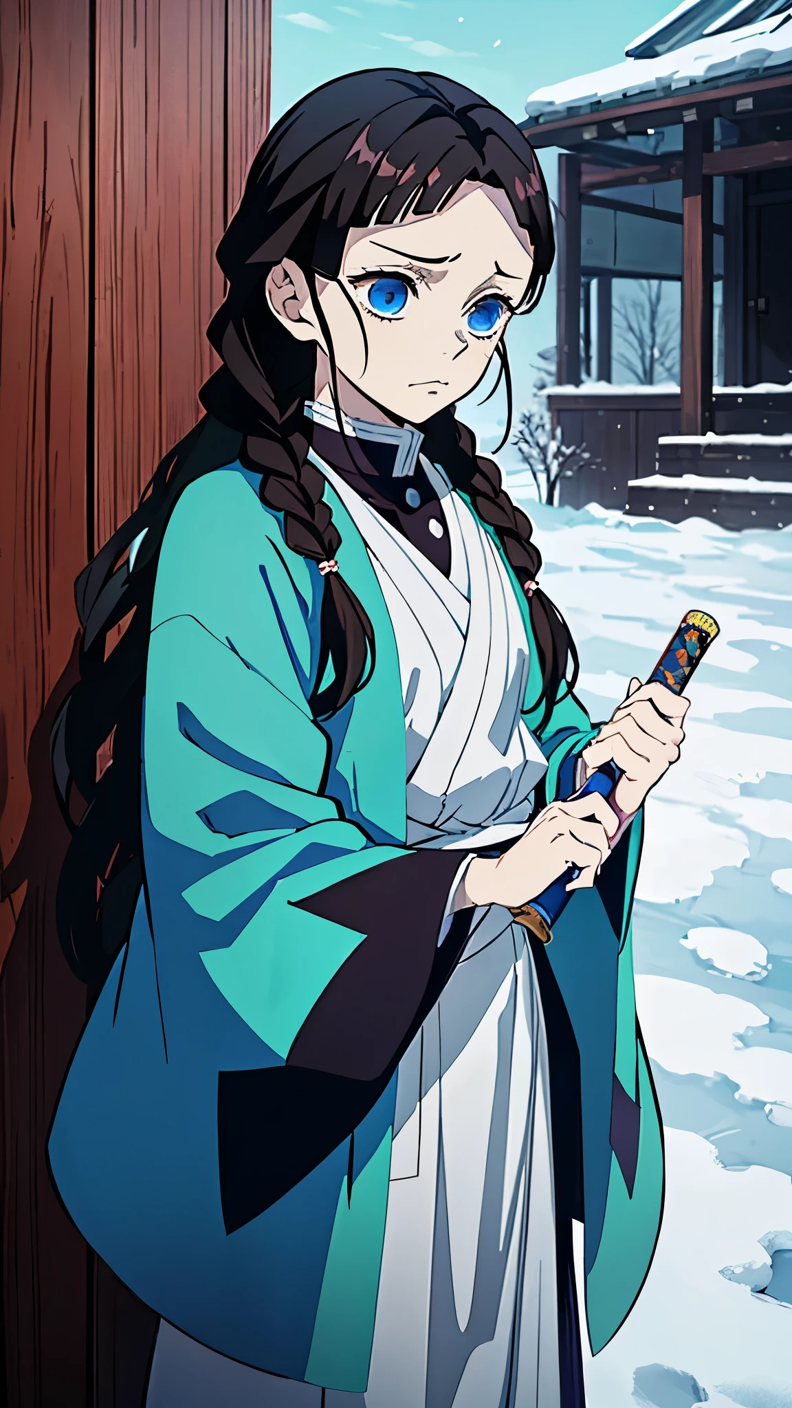 Kimetsu no Yaiba style, 1 mature, girl, blue eyes, a hashira, pretty, long dark brown hair in braids, curtain bangs, annoyed expression, noble, Pillar Demon Slayer, holding a sword, wearing demon slayer uniform, holding a blue demon slayer sword, dark and snowy background