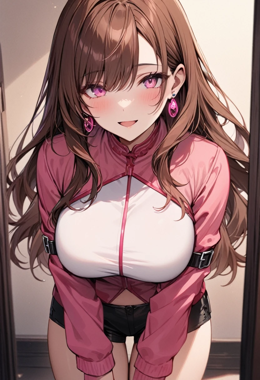 masterpiece, best quality, 1girl, solo, adult, brown hair, long hair, earrings, pink eyes, detailed face, pink jacket, large breasts, shorts, arm belt, infront of viewer, empty look, smile opening mouth,