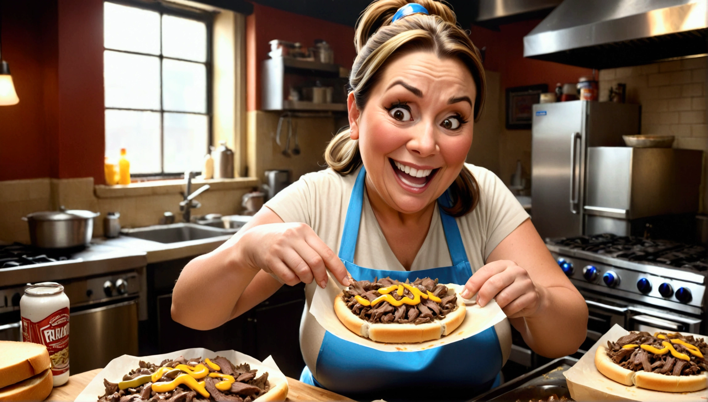 a fat middle aged woman making philly cheesesteaks, extremely detailed face and eyes, hyper detailed hands, smile, low ponytail, cinematic lighting, 8k, photorealistic, realistic, masterpiece, wide shot, best quality, highres, ultra-detailed, (realistic, photorealistic, photo-realistic:1.37), HDR, UHD, studio lighting, ultra-fine painting, sharp focus, physically-based rendering, extreme detail description, professional, vivid colors, bokeh