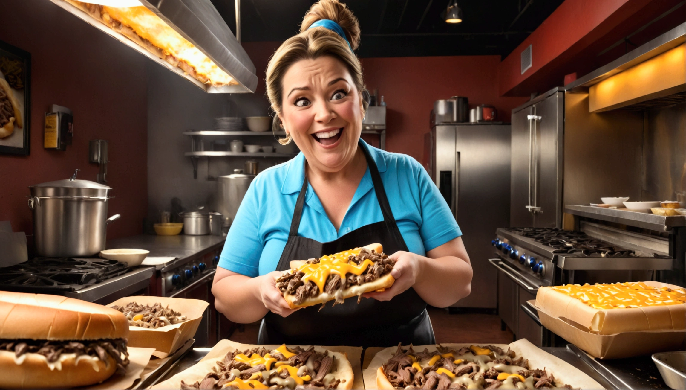a fat middle aged woman making philly cheesesteaks, extremely detailed face and eyes, hyper detailed hands, smile, low ponytail, cinematic lighting, 8k, photorealistic, realistic, masterpiece, wide shot, best quality, highres, ultra-detailed, (realistic, photorealistic, photo-realistic:1.37), HDR, UHD, studio lighting, ultra-fine painting, sharp focus, physically-based rendering, extreme detail description, professional, vivid colors, bokeh