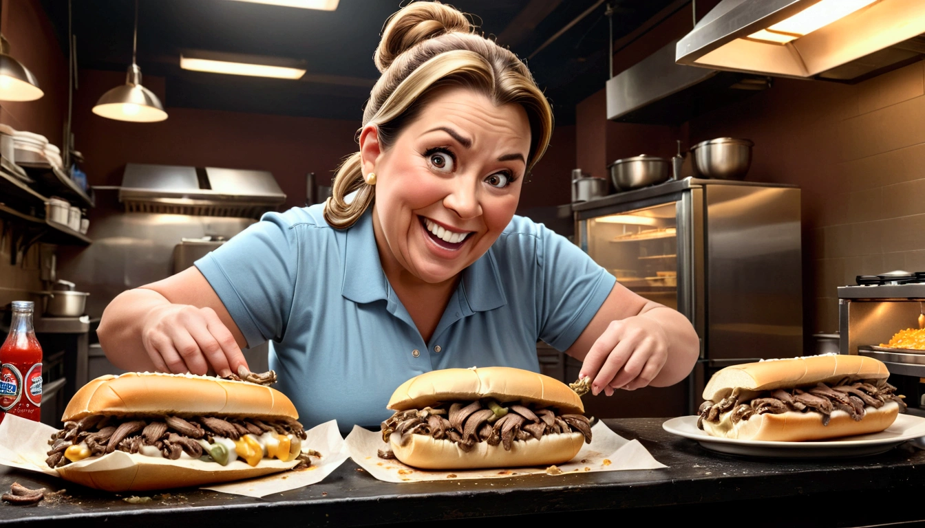 a fat middle aged woman making philly cheesesteaks, extremely detailed face and eyes, hyper detailed hands, smile, low ponytail, cinematic lighting, 8k, photorealistic, realistic, masterpiece, wide shot, best quality, highres, ultra-detailed, (realistic, photorealistic, photo-realistic:1.37), HDR, UHD, studio lighting, ultra-fine painting, sharp focus, physically-based rendering, extreme detail description, professional, vivid colors, bokeh
