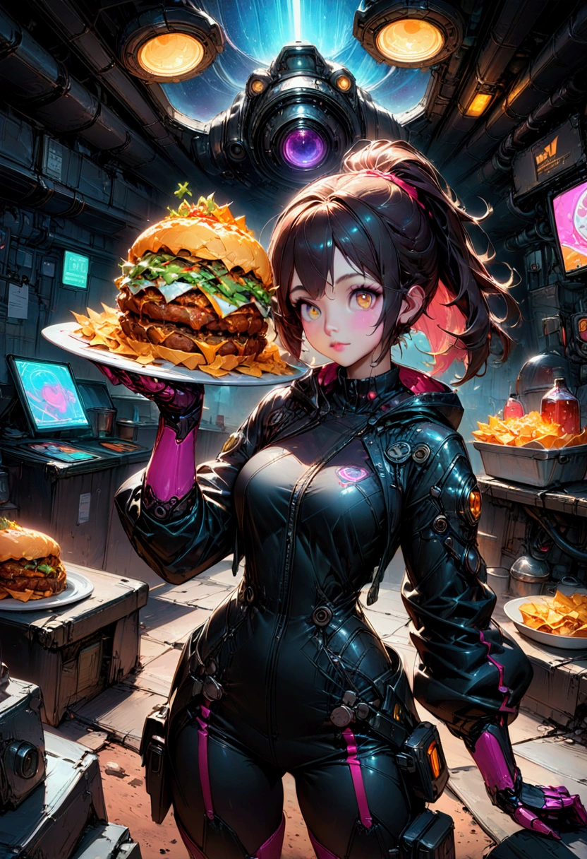 1girl, Fast Food Worker, award-winning illustration, concept art, digital painting, spaceship food truck flying through asteroid field, serving space miners, neon lights, holographic menu, robot chef, (food: space burgers, alien nachos, cosmic cola), sci-fi atmosphere, highly detailed spaceship design/aesthetic, 4k resolution, hyper-detailed, detailed matte painting, deep color, fantastical, intricate detail, splash screen, complementary colors, fantasy concept art, 8k resolution trending on Artstation Unreal Engine 5, masterpiece, best quality, very aesthetic, absurdres