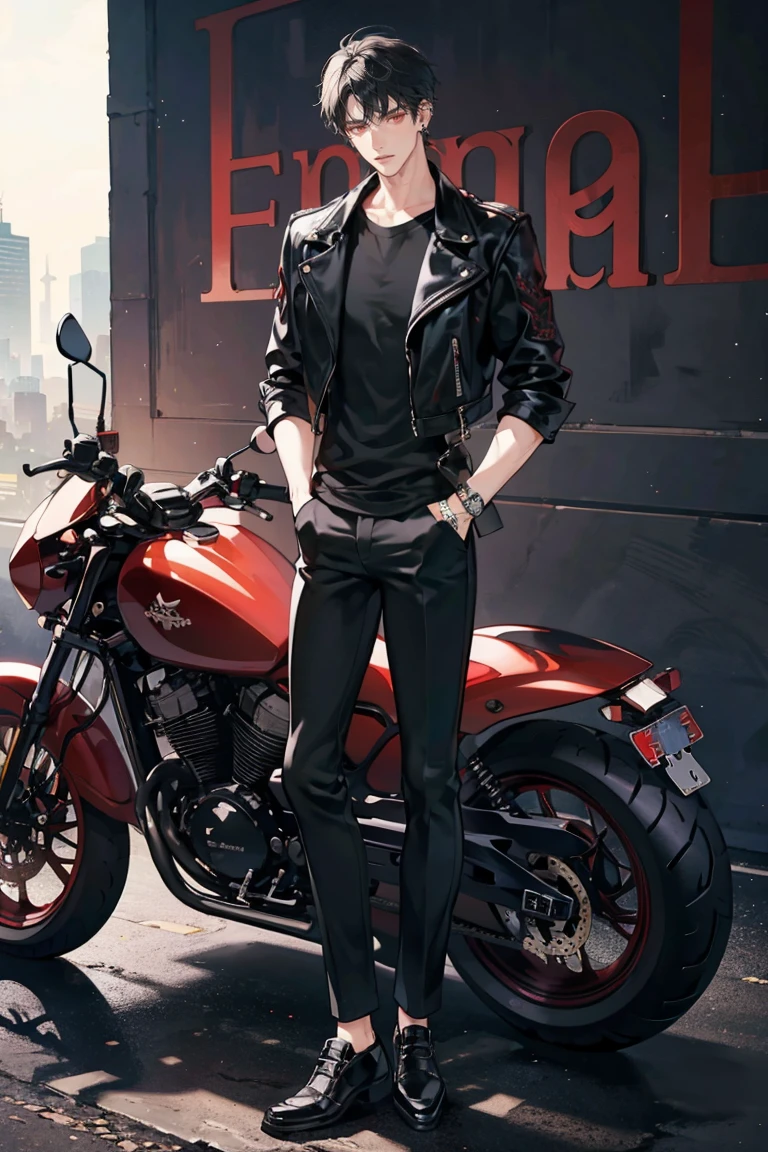 (masterpiece), best quality, seductive eyes, perfect face, handsome man, red eyes, short messy black hair, long nose, plain black t-shirt, black fitted pants, black leather jacket, full body, extremely tall man, long legs, long calves, anime cover, 1boy, ear piercings, hands in pockets, adult-like look, bad boy, motorcycle, biker