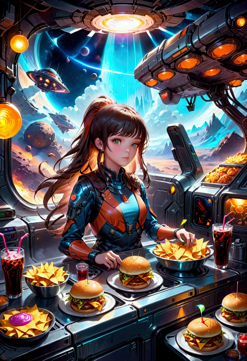 1girl, Fast Food Worker, award-winning illustration, concept art, digital painting, spaceship food truck flying through asteroid field, serving space miners, neon lights, holographic menu, robot chef, (food: space burgers, alien nachos, cosmic cola), sci-fi atmosphere, highly detailed spaceship design/aesthetic, 4k resolution, hyper-detailed, detailed matte painting, deep color, fantastical, intricate detail, splash screen, complementary colors, fantasy concept art, 8k resolution trending on Artstation Unreal Engine 5, masterpiece, best quality, very aesthetic, absurdres