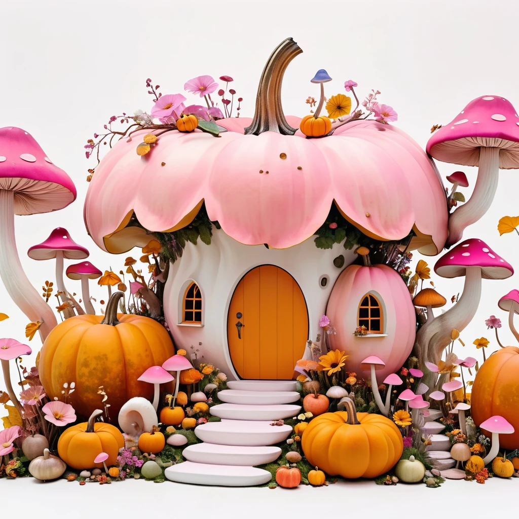 Minimalist architectural composition made from apple and pumpkin skins, Decorated with flowers and mushrooms， Creating a surreal and dreamlike paradise, 4K, 8K, best quality, masterpiece, Reality, Extremely detailed, Pink soft colors, White background