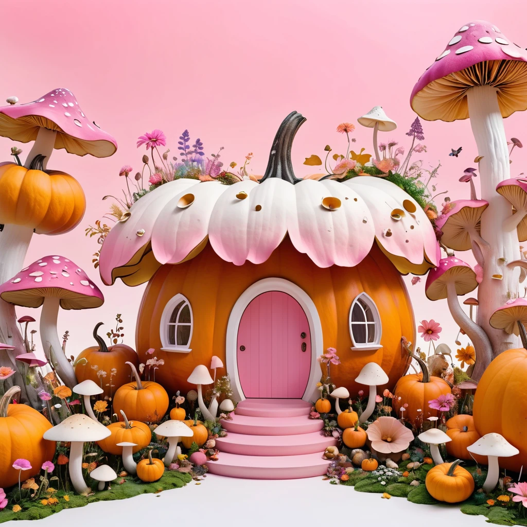 Minimalist architectural composition made from apple and pumpkin skins, Decorated with flowers and mushrooms, Creating a surreal and dreamlike paradise, 4K, 8K, best quality, masterpiece, Reality, Extremely detailed, Pink soft colors, White background