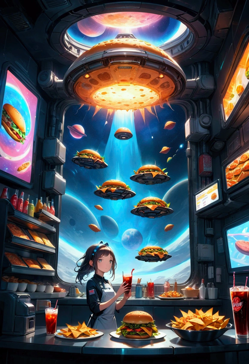 1girl, Fast Food Worker, award-winning illustration, concept art, digital painting, spaceship food truck flying through asteroid field, serving space miners, neon lights, holographic menu, robot chef, (food: space burgers, alien nachos, cosmic cola), sci-fi atmosphere, highly detailed spaceship design/aesthetic, 4k resolution, hyper-detailed, detailed matte painting, deep color, fantastical, intricate detail, splash screen, complementary colors, fantasy concept art, 8k resolution trending on Artstation Unreal Engine 5, masterpiece, best quality, very aesthetic, absurdres