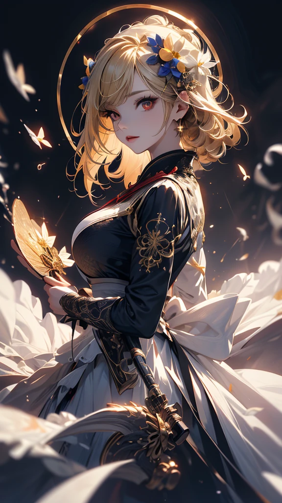 masterpiece, high quality, 4K, Beautiful design, silhouette,blonde, 非常に詳細な夜のStarry Sky,Flower Field, wonderful, Finer details, Very knowledgeable woman, Highly detailed solo, 1 female,Red eyes,Big Breasts,White ta Fashion,fan,Night view,Starry Sky,full moon,