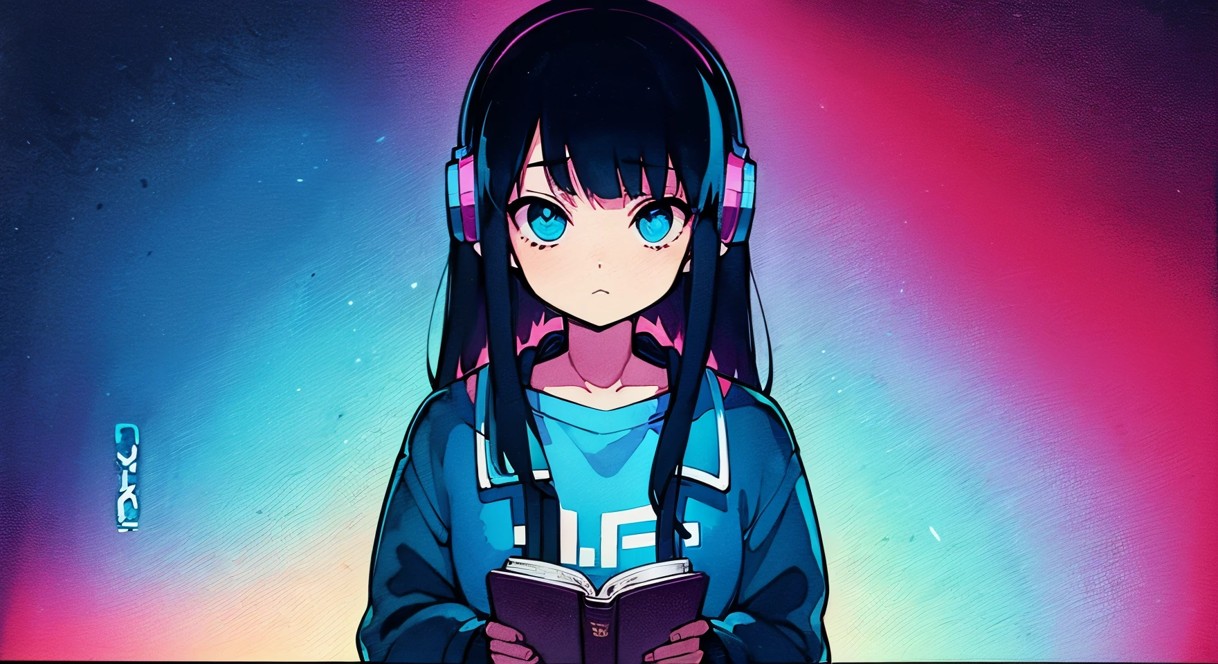 (zero), Girl studying in her room, reading a book, Wear headphones, , night lights, Neon landscape on a rainy day,Analog Color Theme, Lo-Fi Hip Hop , retrospective, flat, 2.5D ,Draw a line, Ink Drawing, Large slope, Watercolor painting, Goosch Colors, Studio Ghibli Style, Awesome colorful, Outer Ton, Synthwave, lofi art,90s style,Old texture, amplitude,90s vibe, masutepiece, Tremendous technology, 16:9 scale