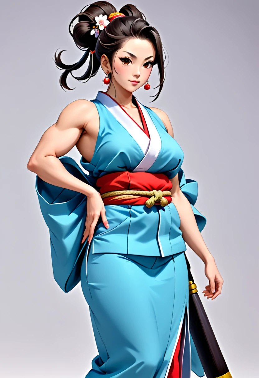 masterpiece, best quality), best resolution, yamato, earrings, hair stick, bare shoulders, japanese clothes, kimono, rope, sleeveless kimono, shimenawa, high ponytail, extreme muscular body, huge breasts, full body.