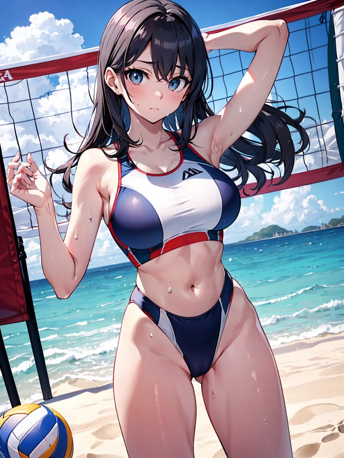 (Sweat, White skin:1.5、Light gray sports bra, ), cameltoe, Fitness, , ((Beach volleyball swimsuit)),Big Breasts, Sturdy body、((Big Eyes in Anime))