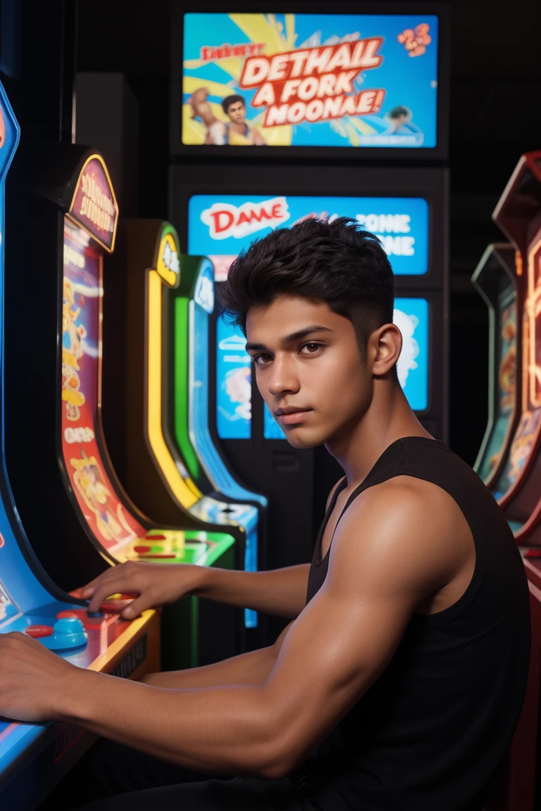 a muscular 18-year-old brown-skinned boy with short dark hair, dominant posture, in an arcade