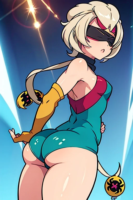 girl in spandex booty shorts, wearing oven mittens tucked in pockets, blindfold