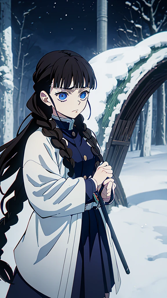 Kimetsu no Yaiba style, 1 mature, girl, blue eyes, a hashira, pretty, long dark brown hair in braids, curtain bangs, annoyed expression, noble, Pillar Demon Slayer, holding a sword, wearing demon slayer uniform, holding a blue demon slayer sword, dark and snowy background