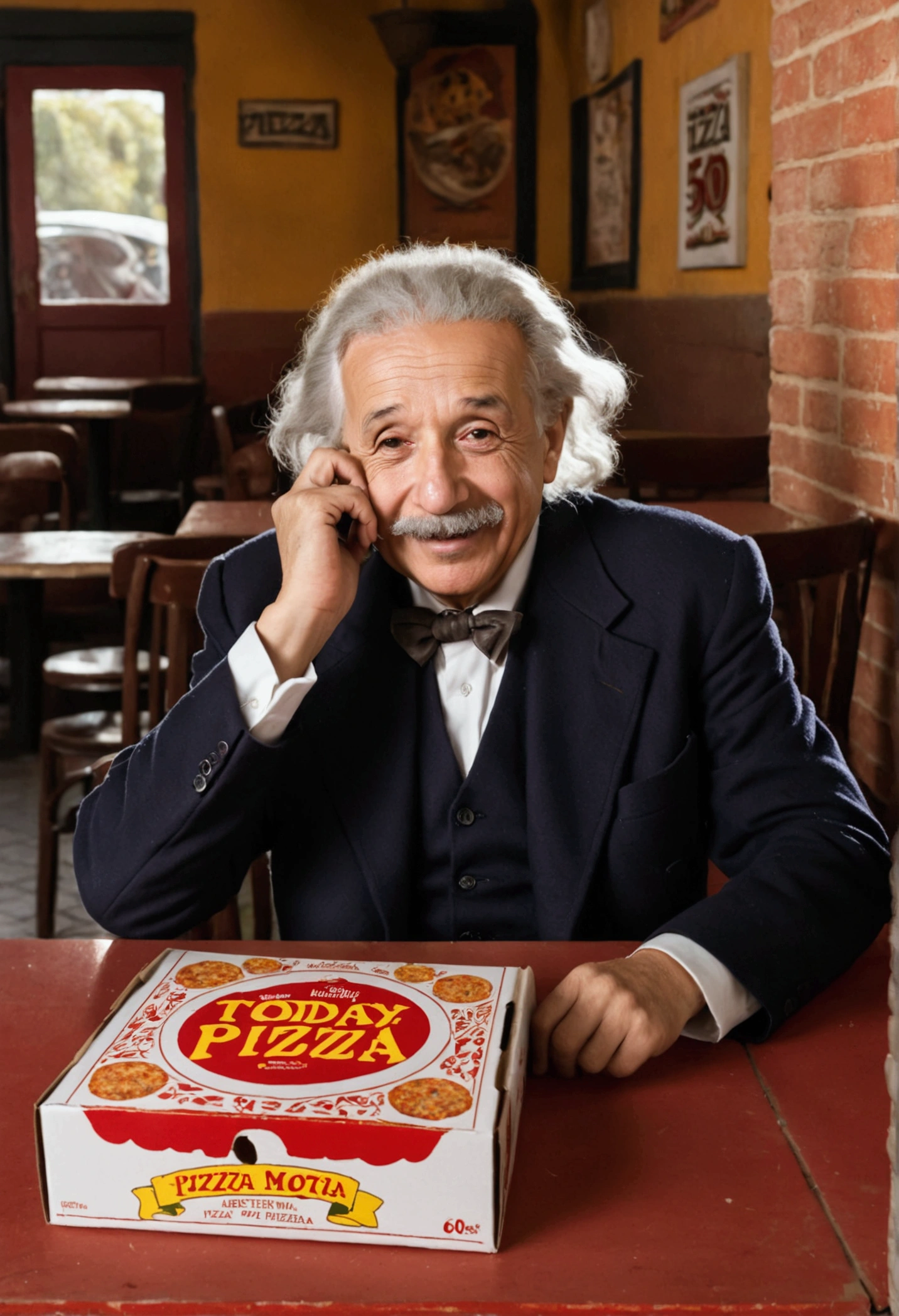 A cinematic illustration of Albert Einstein sitting at a table with a pizza box in front of him, laughing and enjoying your lunch. The box displays "TODAY THERE'S VAGÃO PIZZA AND 60 MORE FLAVORS WITH ONE PRICE" and the Serra Alta pizzeria is highlighted. The atmosphere is warm and welcoming, with a touch of vintage, while Albert Einstein enjoys its 60 unique flavors.