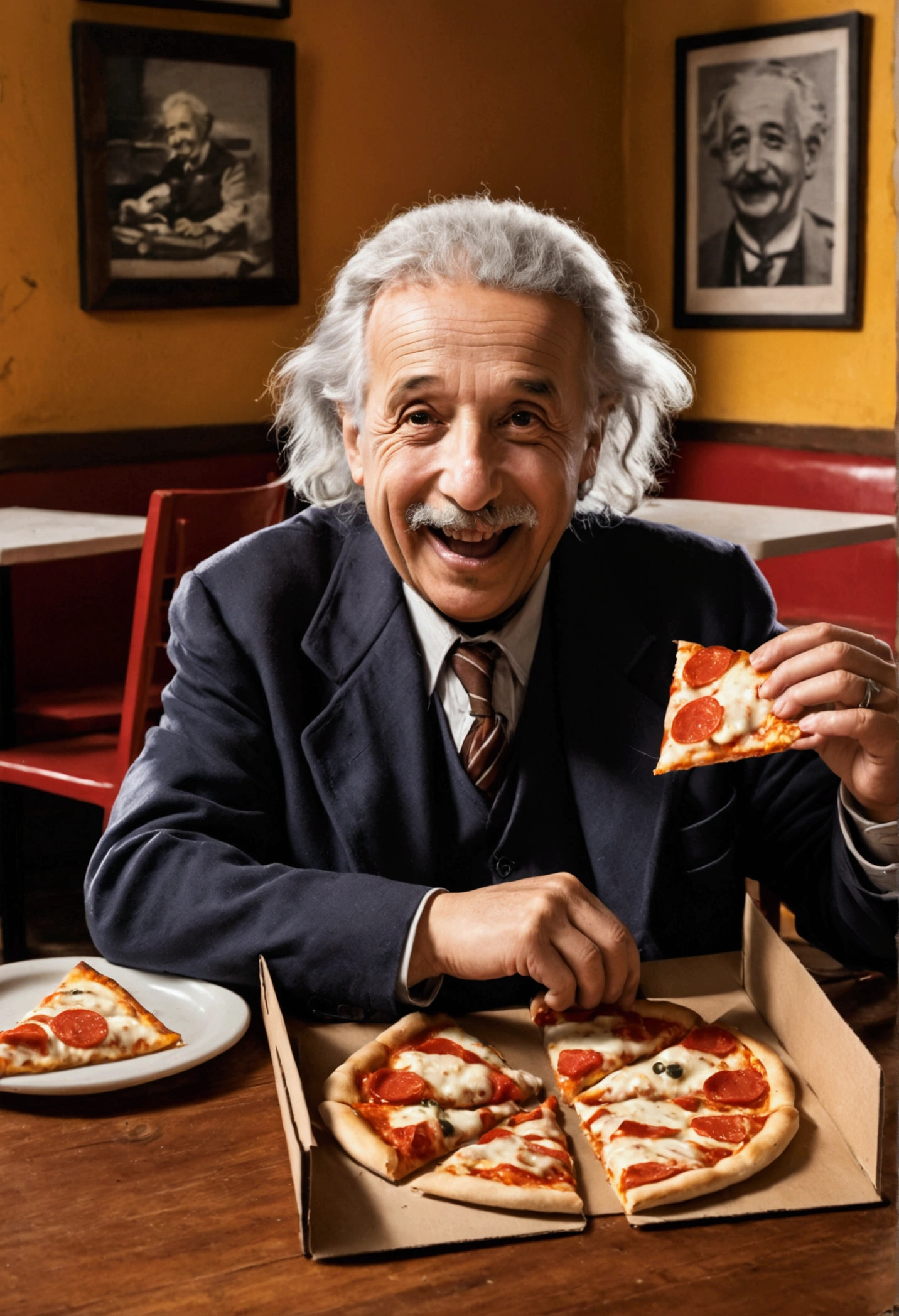 A cinematic illustration of Albert Einstein sitting at a table with a pizza box in front of him, laughing and enjoying your lunch. The box displays "TODAY THERE&#39;S VAGÃO PIZZA AND 60 MORE FLAVORS WITH ONE PRICE" and the Serra Alta pizzeria is highlighted. The atmosphere is warm and welcoming, with a touch of vintage, while Albert Einstein enjoys its 60 unique flavors.