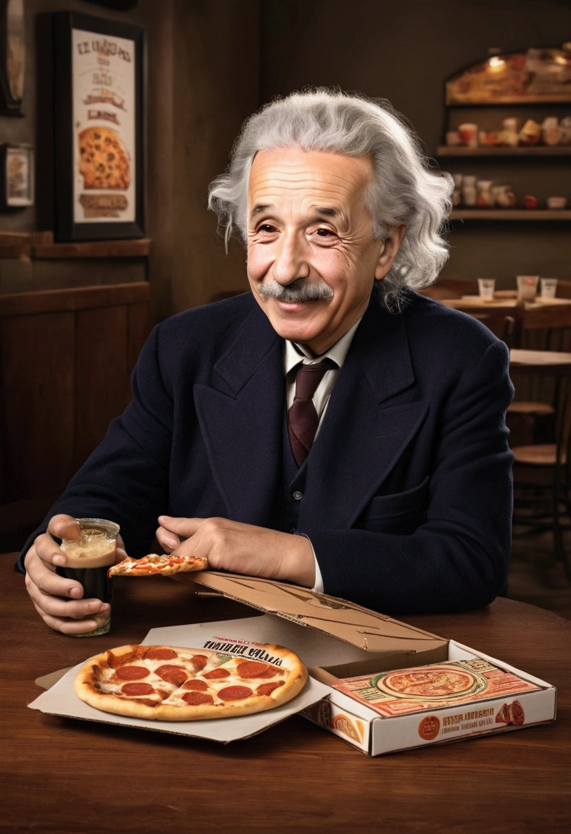 A cinematic illustration of Albert Einstein sitting at a table with a pizza box in front of him, laughing and enjoying your lunch. The box displays "TODAY THERE'S VAGÃO PIZZA AND 60 MORE FLAVORS WITH ONE PRICE" and the Serra Alta pizzeria is highlighted. The atmosphere is warm and welcoming, with a touch of vintage, while Albert Einstein enjoys its 60 unique flavors.