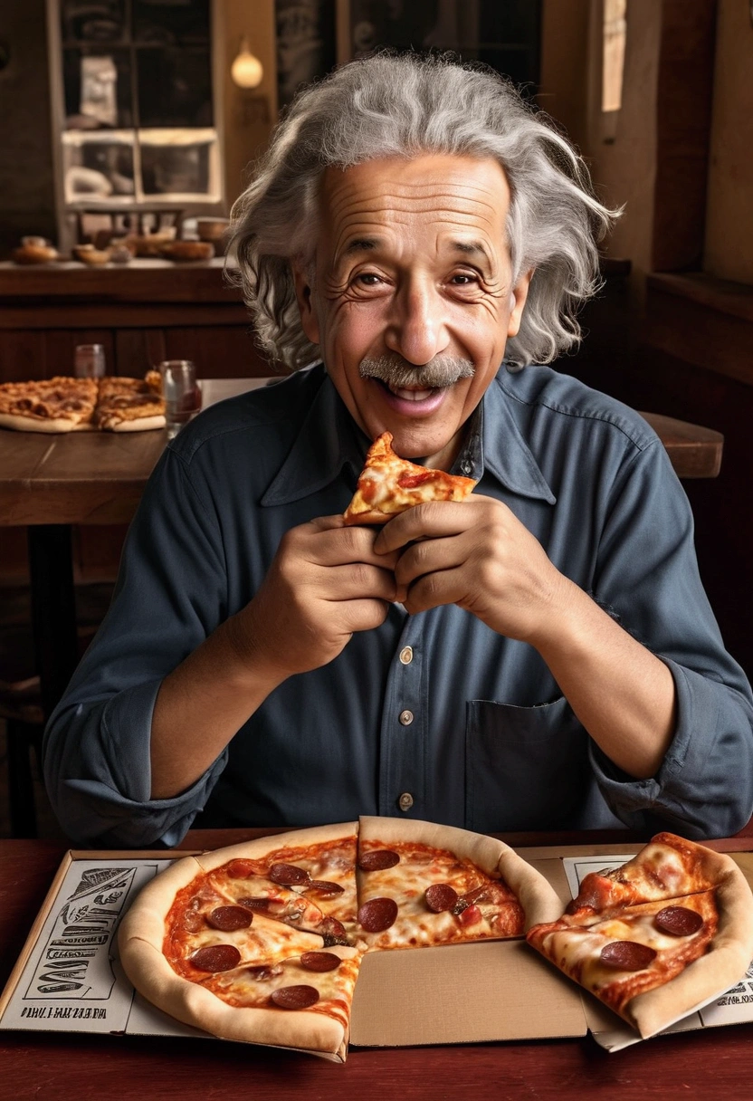 A cinematic illustration of Albert Einstein sitting at a table with a pizza box in front of him, laughing and enjoying your lunch. The box displays "TODAY THERE&#39;S VAGÃO PIZZA AND 60 MORE FLAVORS WITH ONE PRICE" and the Serra Alta pizzeria is highlighted. The atmosphere is warm and welcoming, with a touch of vintage, while Albert Einstein enjoys its 60 unique flavors.