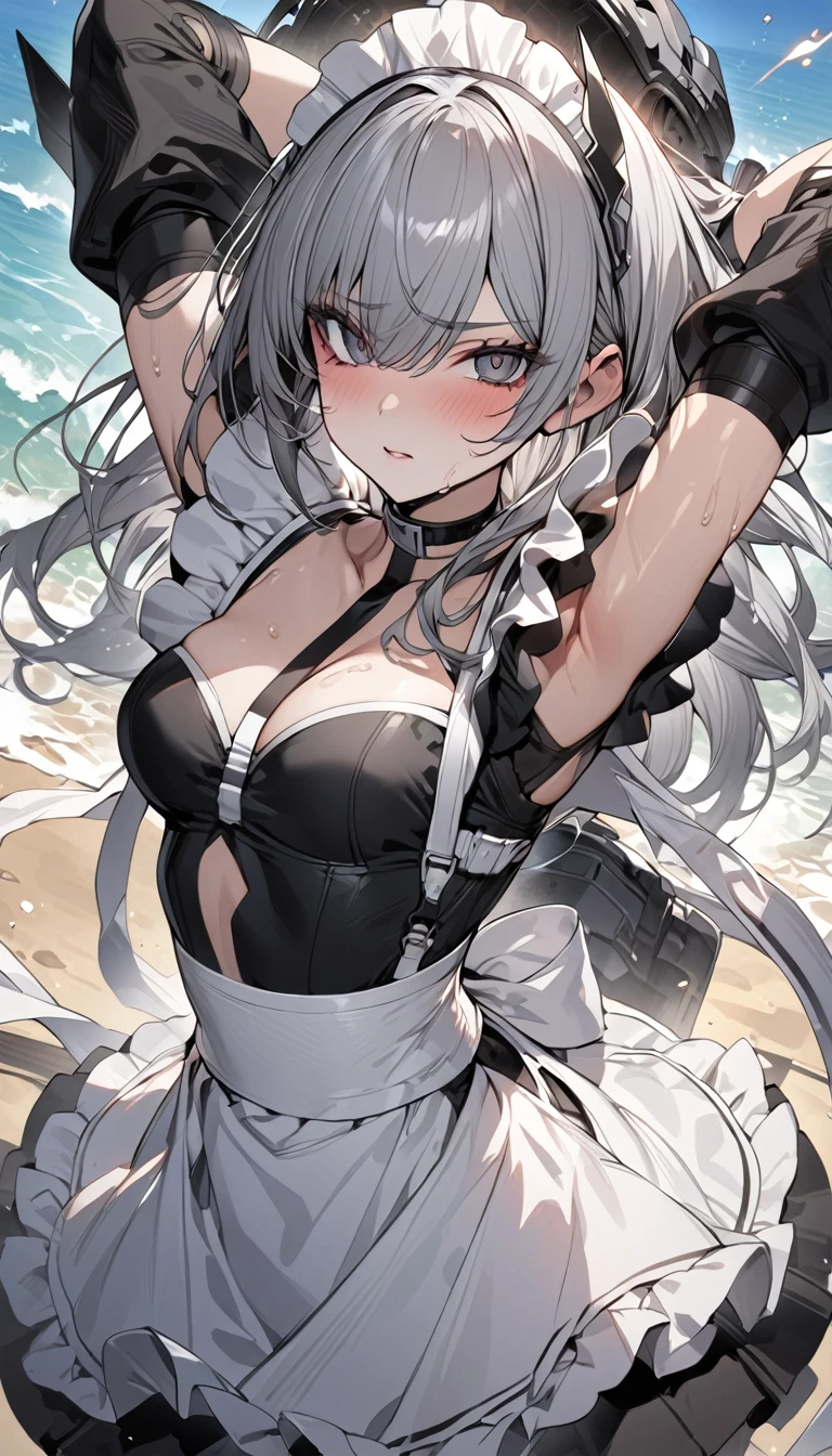 Highest quality masterpiece High resolution masterpiece Gray Hair Dark Eyes Maid-type Android Combat type Summer Flash