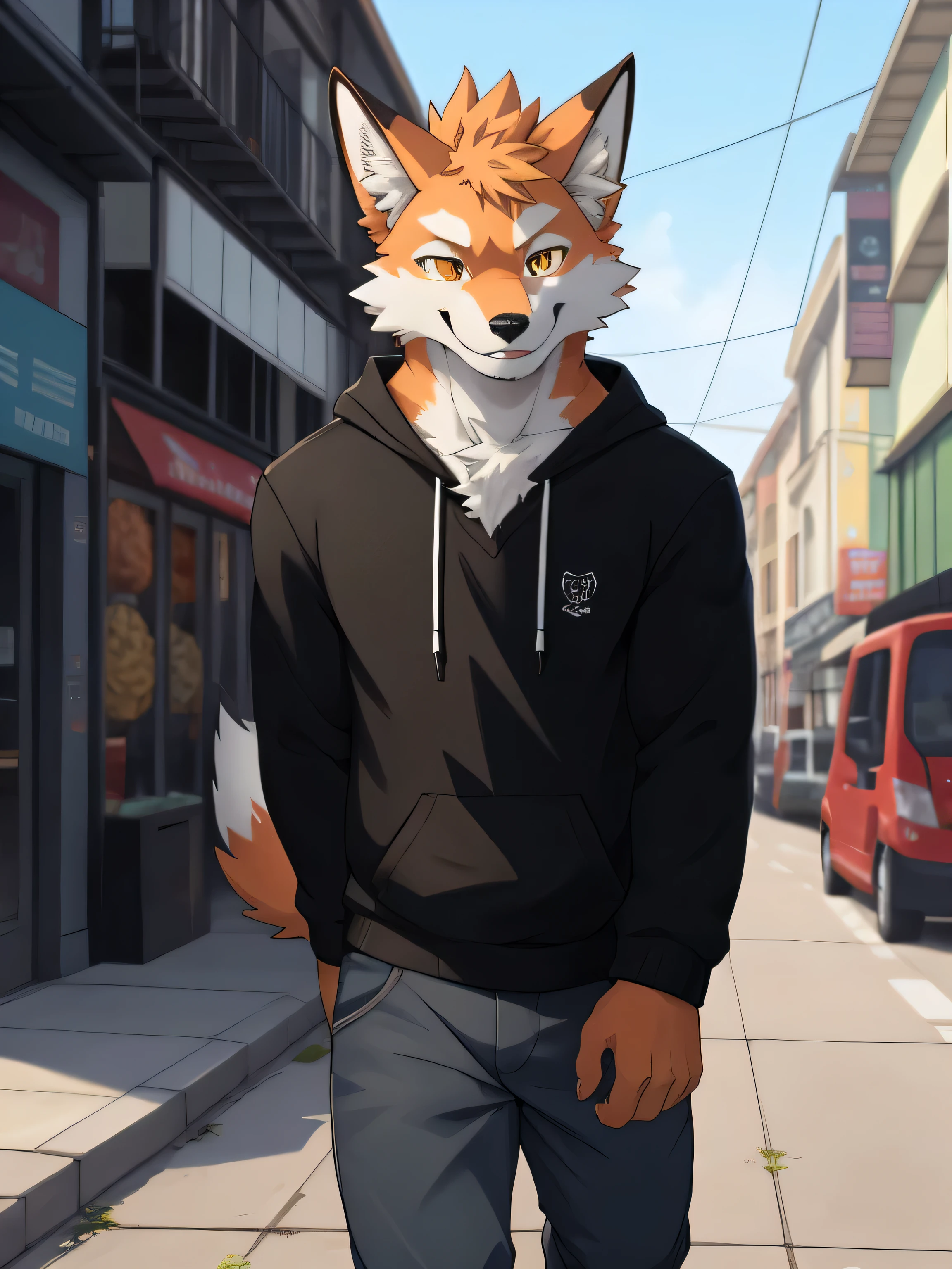 Anime: Style photo of a mignon fox with yellow eyes walking around the street, poitrine moelleuse, Renard humain, cheveux poilus, renard d’anime, Haute résolution, mâle, mignon, lait, laity fox, sourire aux coins de la bouche, sweat blanc, mince, 1.7m de haut,