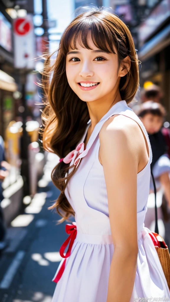 ((Ultra high resolution, highest quality, masterpiece: 1.2), (realistic, photorealistic: 1.37), highly detailed, (Sunny daytime in Akihabara electric town, professional lighting, photon mapping, radiosity, physically-based rendering, masterpiece, rich details, background blur)) A cute Japanese woman, 18 years old, (wearing a cute maid outfit with a white apron, brown bows, and a large brown bow on her head). Her hair is styled in long, wavy twin-tails with a light brown color. She has a happy smile, showing her teeth, and has glossy skin and shiny hair. The scene is highly detailed, with professional and realistic lighting. The style is realistic and photorealistic, with extreme attention to detail, and the character has an anatomically correct body structure. The character has a nice body and very beautiful skin. She is facing to the right, looking away from the camera with a natural, candid expression. Her gaze is directed to her right, avoiding the camera completely. (Correct body structure, accurate anatomy, ultra-high quality, realistic lighting, nice body, very beautiful skin, sunny daytime in Akihabara electric town, background blur, facing right, looking away from the camera, natural candid photo)