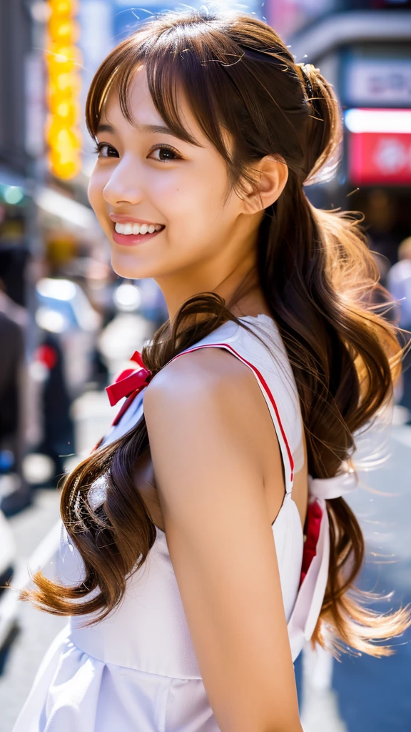 ((Ultra high resolution, highest quality, masterpiece: 1.2), (realistic, photorealistic: 1.37), highly detailed, (Sunny daytime in Akihabara electric town, professional lighting, photon mapping, radiosity, physically-based rendering, masterpiece, rich details, background blur)) A cute Japanese woman, 18 years old, (wearing a cute maid outfit with a white apron, brown bows, and a large brown bow on her head). Her hair is styled in long, wavy twin-tails with a light brown color. She has a happy smile, showing her teeth, and has glossy skin and shiny hair. The scene is highly detailed, with professional and realistic lighting. The style is realistic and photorealistic, with extreme attention to detail, and the character has an anatomically correct body structure. The character has a nice body and very beautiful skin. She is facing to the right, looking away from the camera with a natural, candid expression. Her gaze is directed to her right, avoiding the camera completely. (Correct body structure, accurate anatomy, ultra-high quality, realistic lighting, nice body, very beautiful skin, sunny daytime in Akihabara electric town, background blur, facing right, looking away from the camera, natural candid photo)