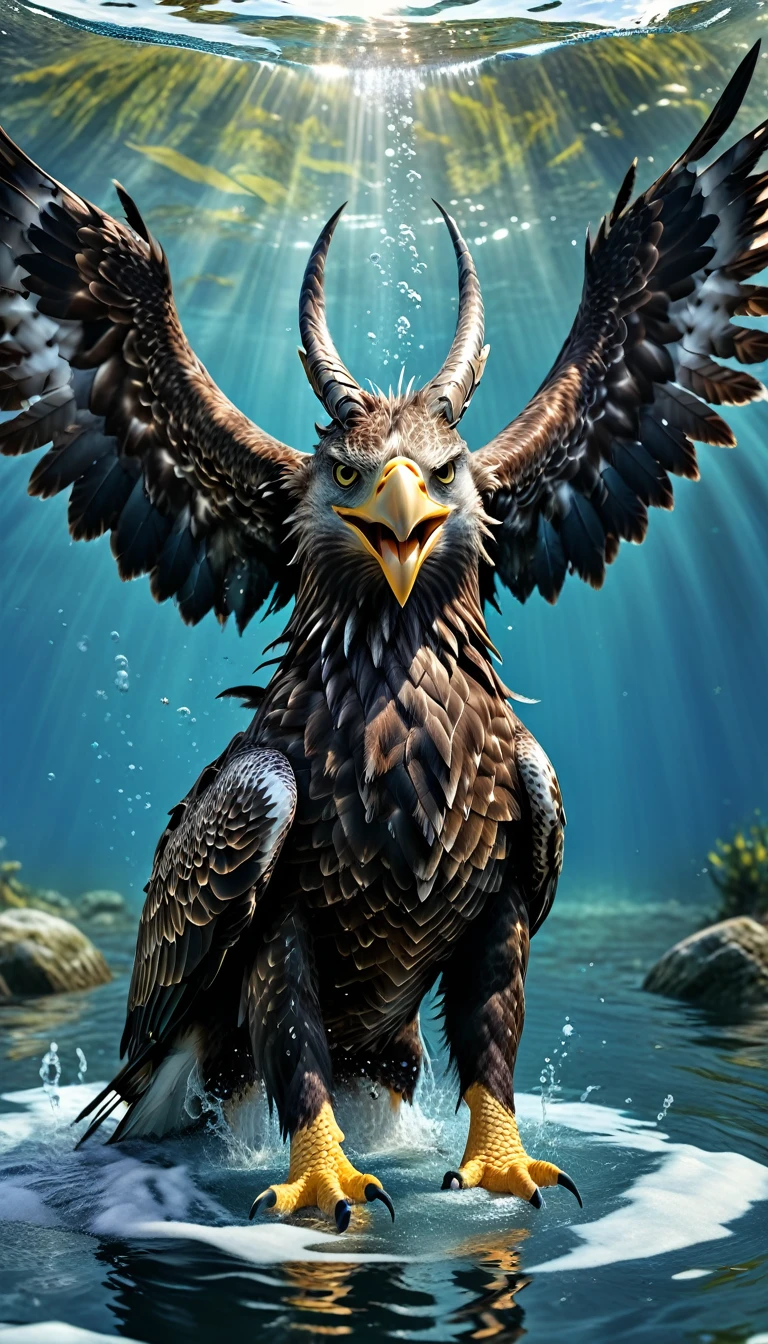 Panorama，There is a beast in the water，Looks like an eagle，The head has double horns（best quality，4K，8K，High level，masterpiece：1.2），Ultra Detailed，（lifelike，Photo real，Photo real：1.37），Highly detailed animals，Complex patterns，Realistic lighting，Fantasy Creatures
