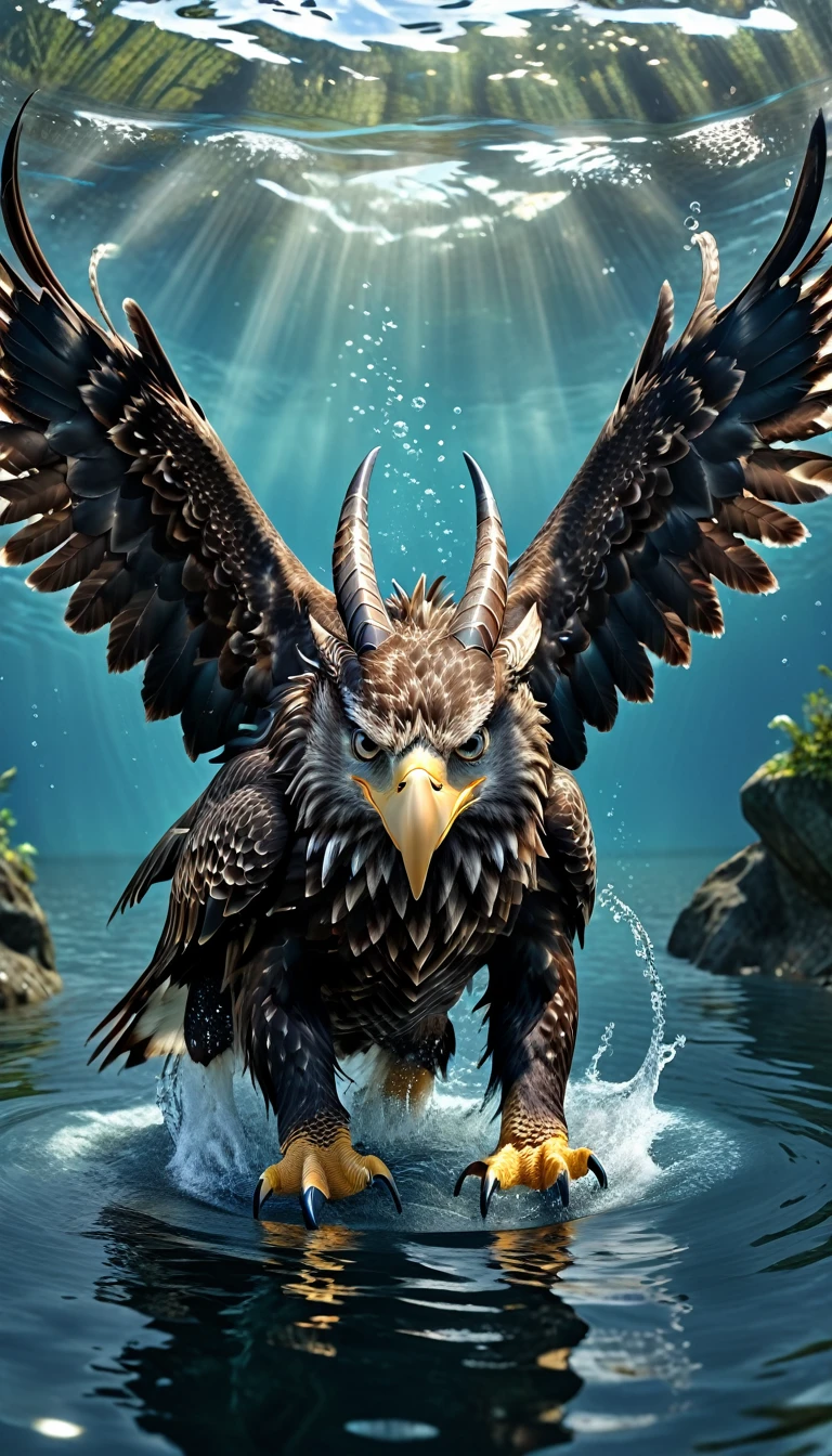 Panorama,There is a beast in the water,Looks like an eagle,The head has double horns(best quality,4K,8K,High level,masterpiece:1.2),Ultra Detailed,(lifelike,Photo real,Photo real:1.37),Highly detailed animals,Complex patterns,Realistic lighting,Fantasy Creatures