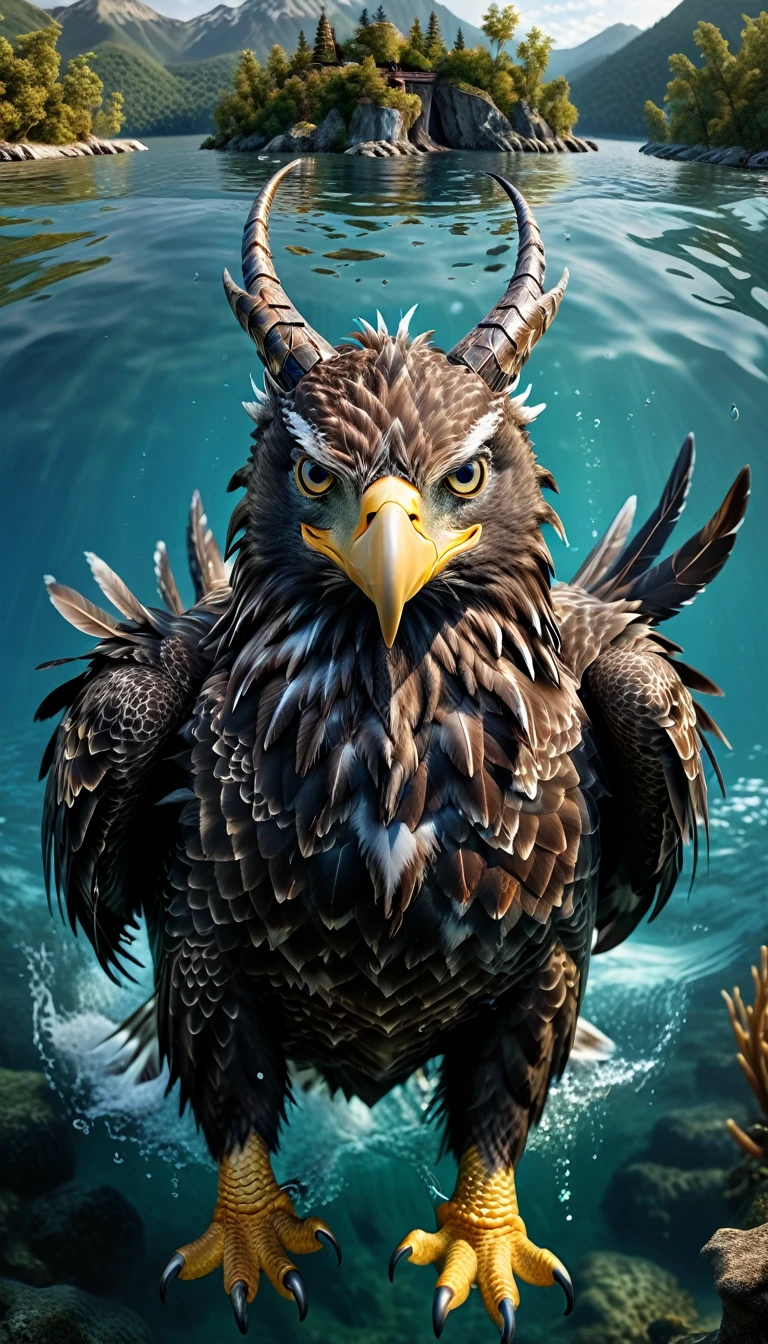 Panorama,There is a beast in the water,Looks like an eagle,The head has double horns(best quality,4K,8K,High level,masterpiece:1.2),Ultra Detailed,(lifelike,Photo real,Photo real:1.37),Highly detailed animals,Complex patterns,Realistic lighting,Fantasy Creatures