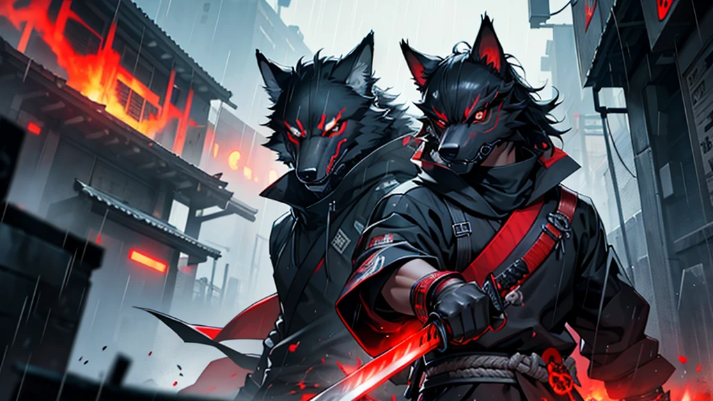 create black cyber samurai with red fire eye, wolf mask and katana in the middle of rain