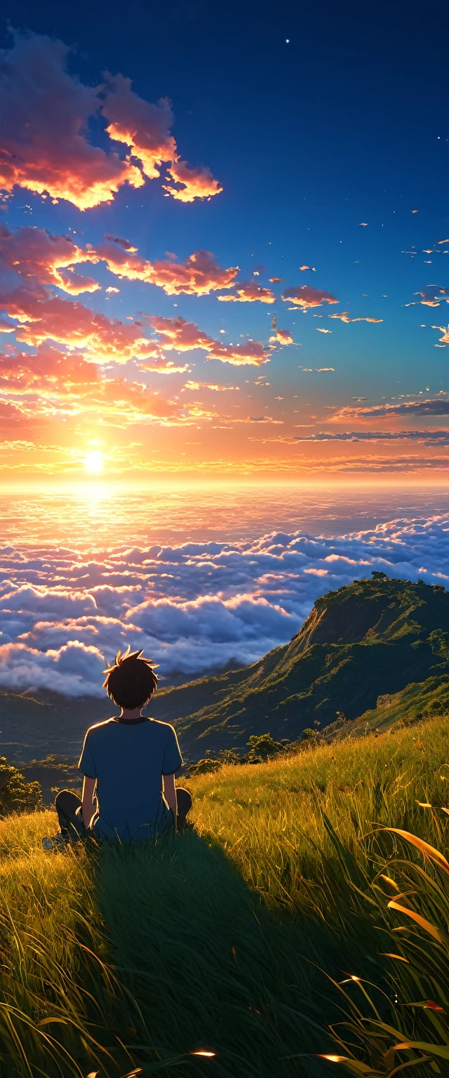High quality, 8K Ultra HD. The image shows a boy sitting anime watching 
 The terrifying ocean at sunrise from a grassy hill, with a background of vibrant blue sky and red and orange hues of the sun. anime art wallpaper 4k, arte digital de Shen Che-Tsai, pexels, realismo fantástico, entre nubes celestiales iluminadas por el sol, nubes celestiales, cielo asombroso, Atardecer en las nubes, nubes doradas, cielo impresionante, nubes impresionantes, nubes magnificas, nubes brillantes, Nubes al atardecer, cielo en la tierra, luces celestiales doradasanime art wallpaper 4K, anime background, anime art wallpaper 8K, anime art background, anime landscape wallpaper, amazing wallpaper, high quality wallpaper definition,4k animated wallpaper,4k animated wallpaper,Aries Moross art,Bob Byerley art,AshleyWoodArtAI,greg rutkowski