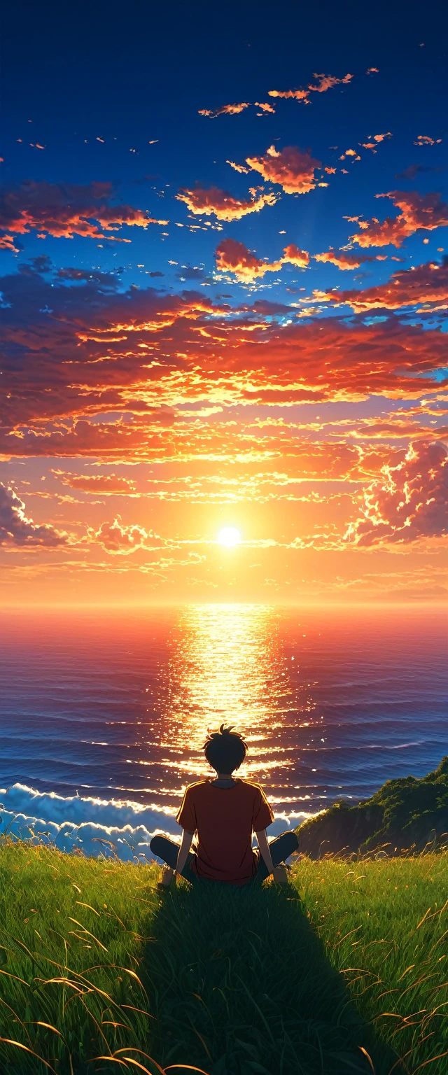 High quality, 8K Ultra HD. The image shows a boy sitting anime watching 
 The terrifying ocean at sunrise from a grassy hill, with a background of vibrant blue sky and red and orange hues of the sun. anime art wallpaper 4k, arte digital de Shen Che-Tsai, pexels, realismo fantástico, entre nubes celestiales iluminadas por el sol, nubes celestiales, cielo asombroso, Atardecer en las nubes, nubes doradas, cielo impresionante, nubes impresionantes, nubes magnificas, nubes brillantes, Nubes al atardecer, cielo en la tierra, luces celestiales doradasanime art wallpaper 4K, anime background, anime art wallpaper 8K, anime art background, anime landscape wallpaper, amazing wallpaper, high quality wallpaper definition,4k animated wallpaper,4k animated wallpaper,Aries Moross art,Bob Byerley art,AshleyWoodArtAI,greg rutkowski